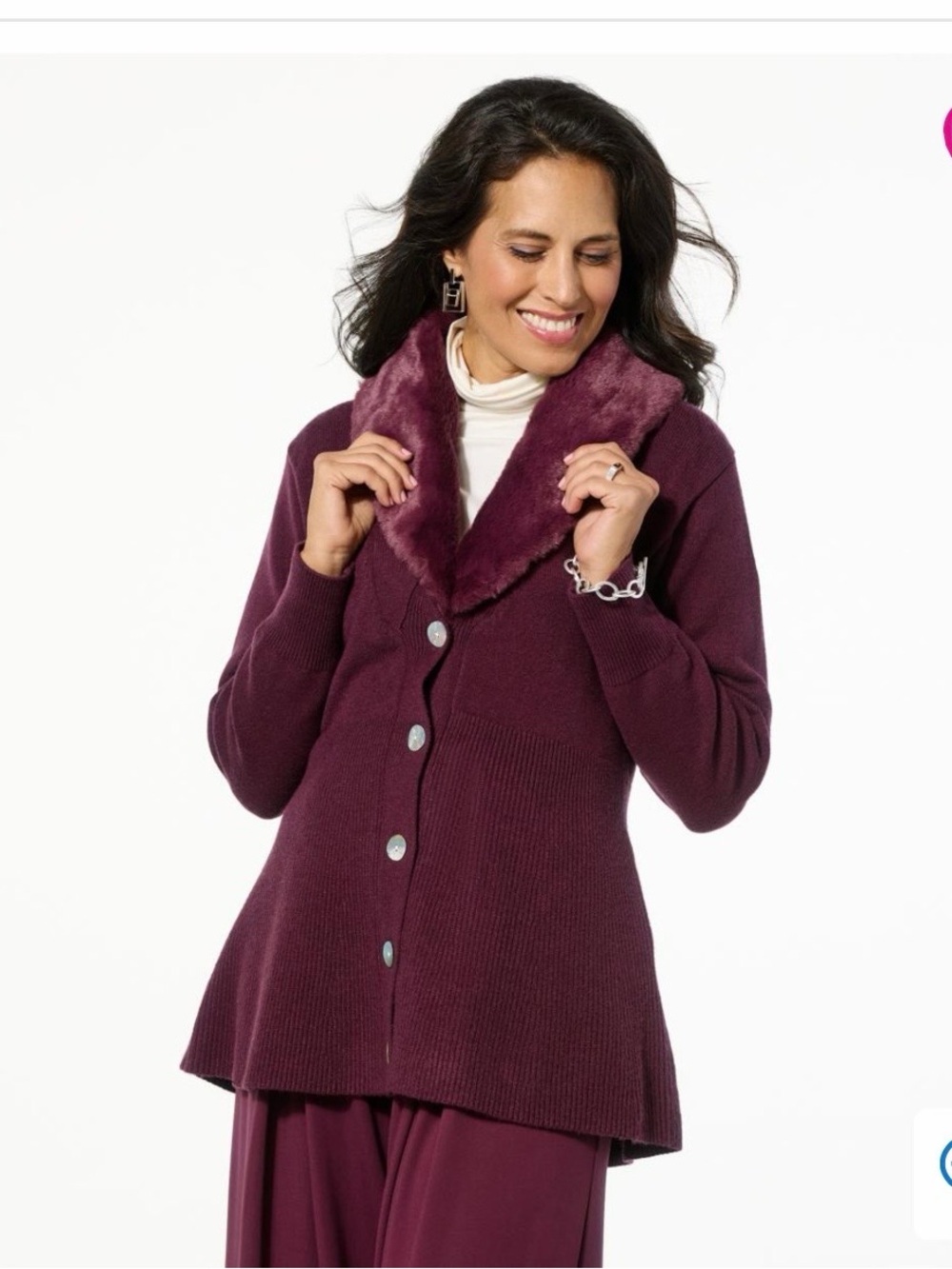 Wynne Collection Faux Fur Collar Plum Cardigan Sweater 1X